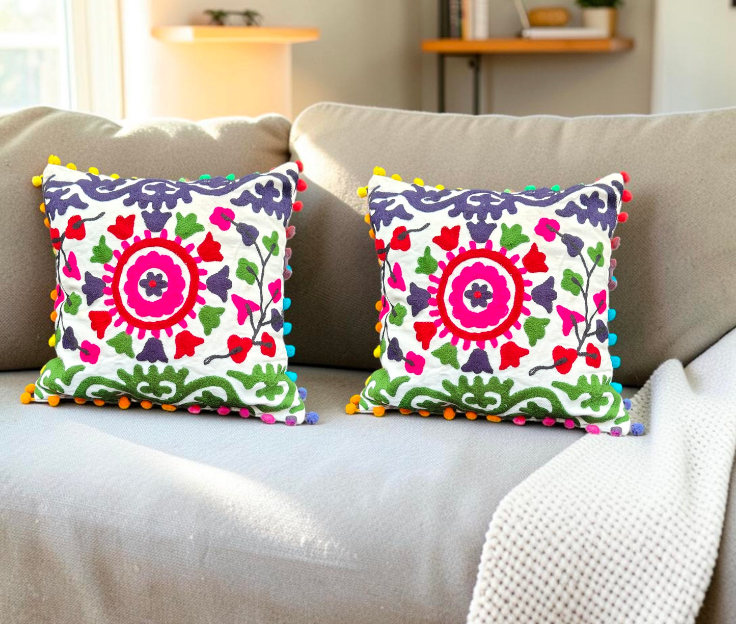 Embroidered Cotton Cushion Cover 16" X 16" Inch Pillow Cover Pack Of 2