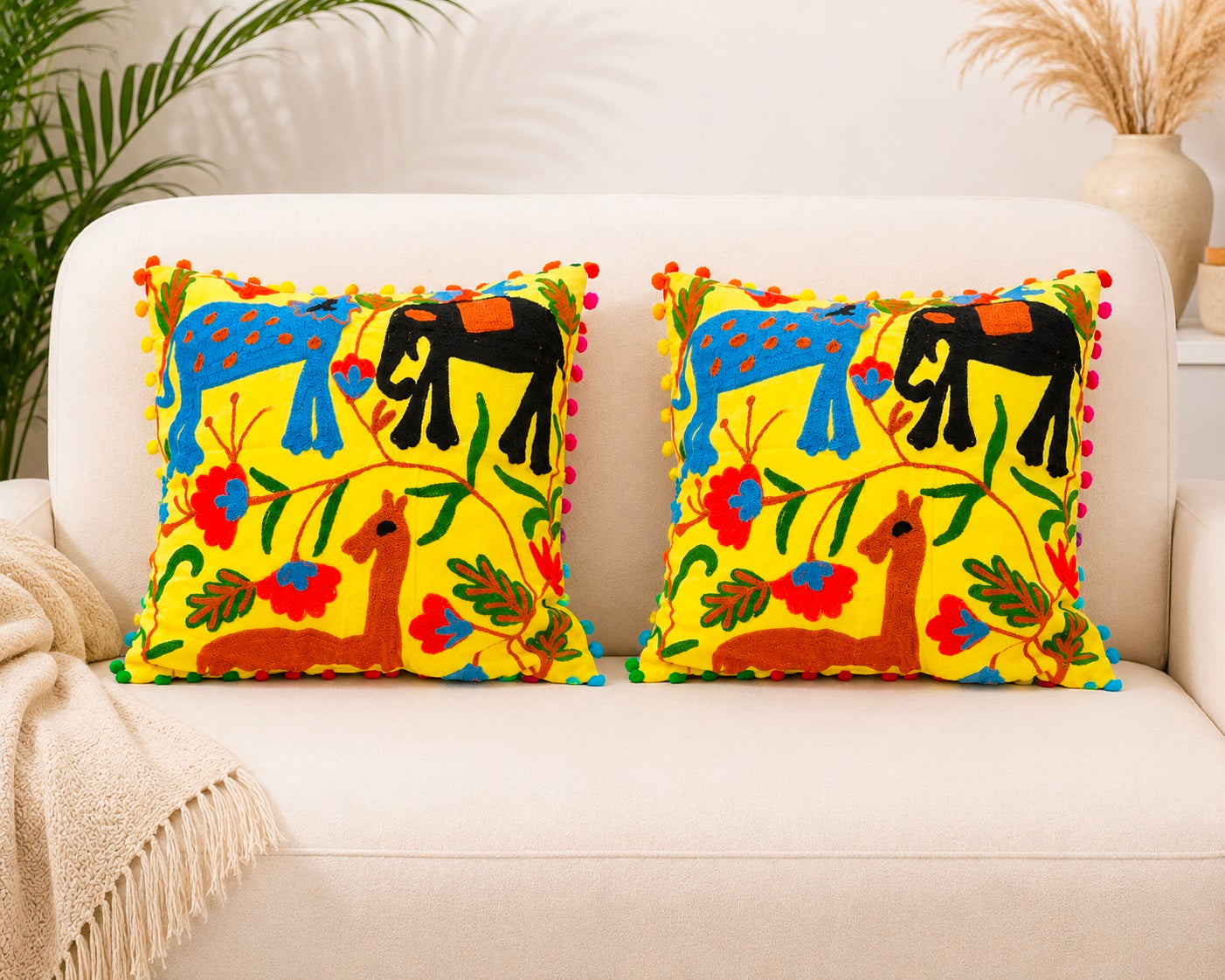 Handmade Cushion Cover Cotton Sofa Decorative Cushion Pillow Cover Cushion Case 16" X 16" Inch Pack Of 2