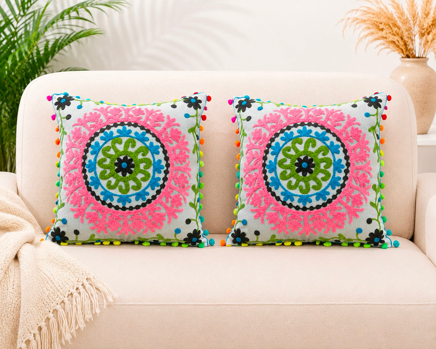 Decorative Hand Made Cotton Throw/Pillow Cushion Covers (16 X 16 Inches) Pack Of 2