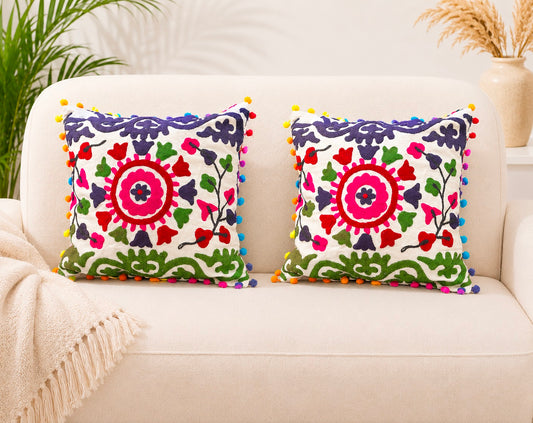 Embroidered Cotton Cushion Cover 16" X 16" Inch Pillow Cover Pack Of 2