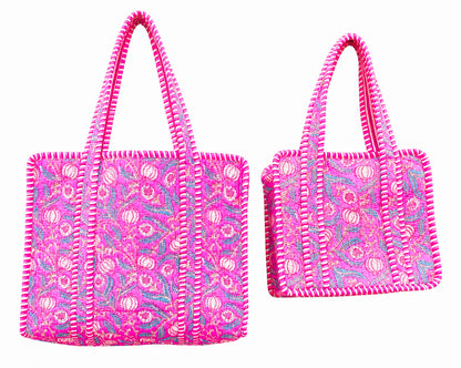 Set Of 2 Handmade Cotton Tote Bag, Block Printed Quilted Shopper, Lightweight Beach Bag, Eco Friendly Gift