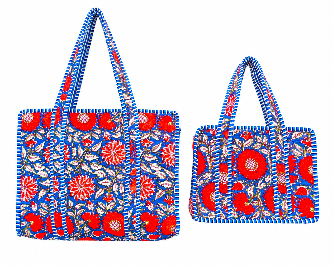 Floral Block Print Cotton Tote Bag, Set Of 2 Handmade Quilted Handbag, Boho Market Bag, Gift for Her