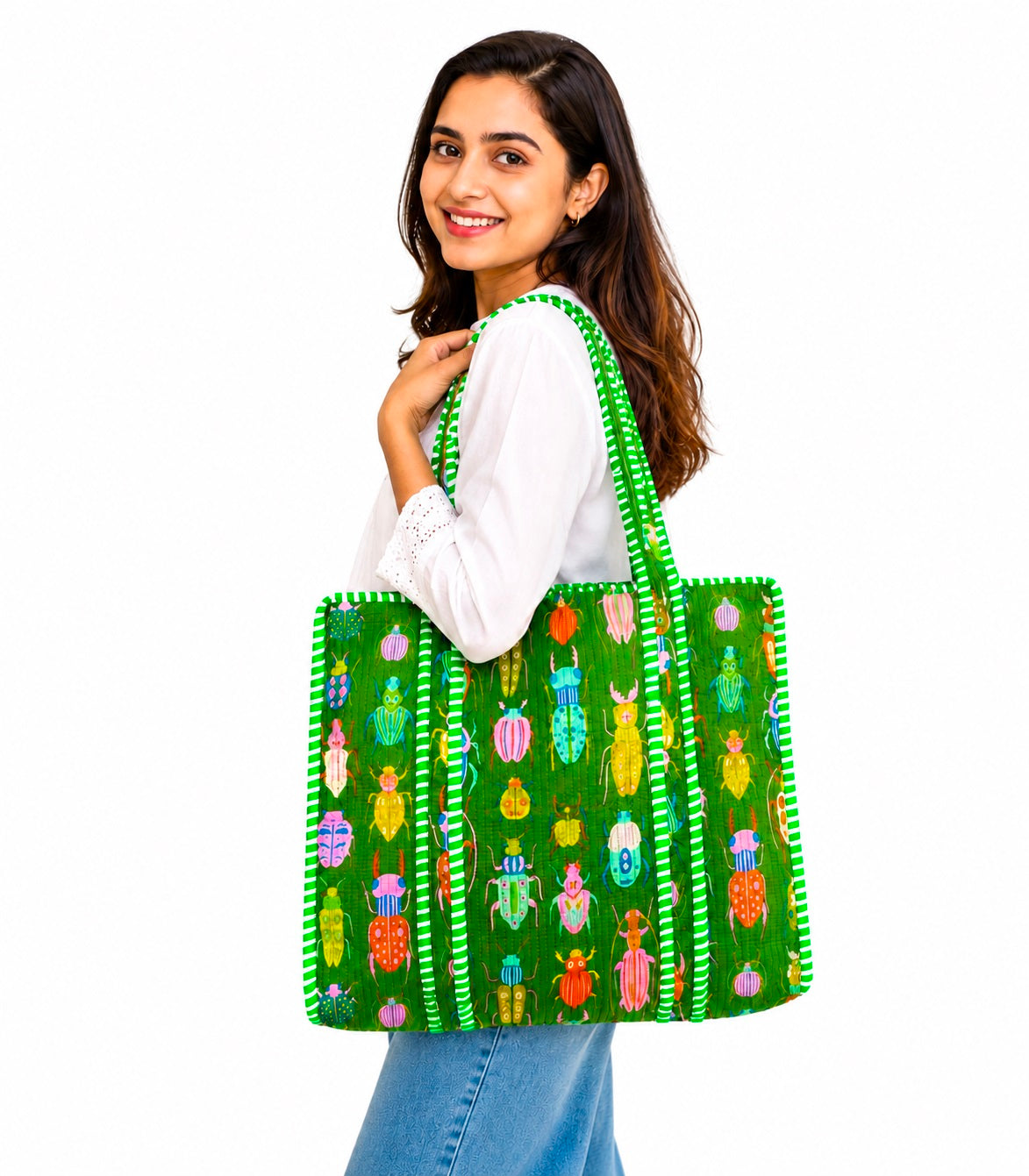 Set Of 2 Handmade Quilted Cotton Tote Bag, Block Printed Shoulder Bag, Reusable Grocery Bag, Everyday Carry Tote