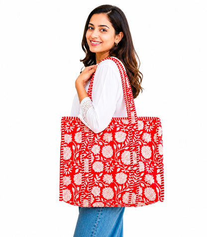 Set Of 2 Handmade Quilted Cotton Tote Bag, Reusable Grocery Bag, Everyday Carry Tote
