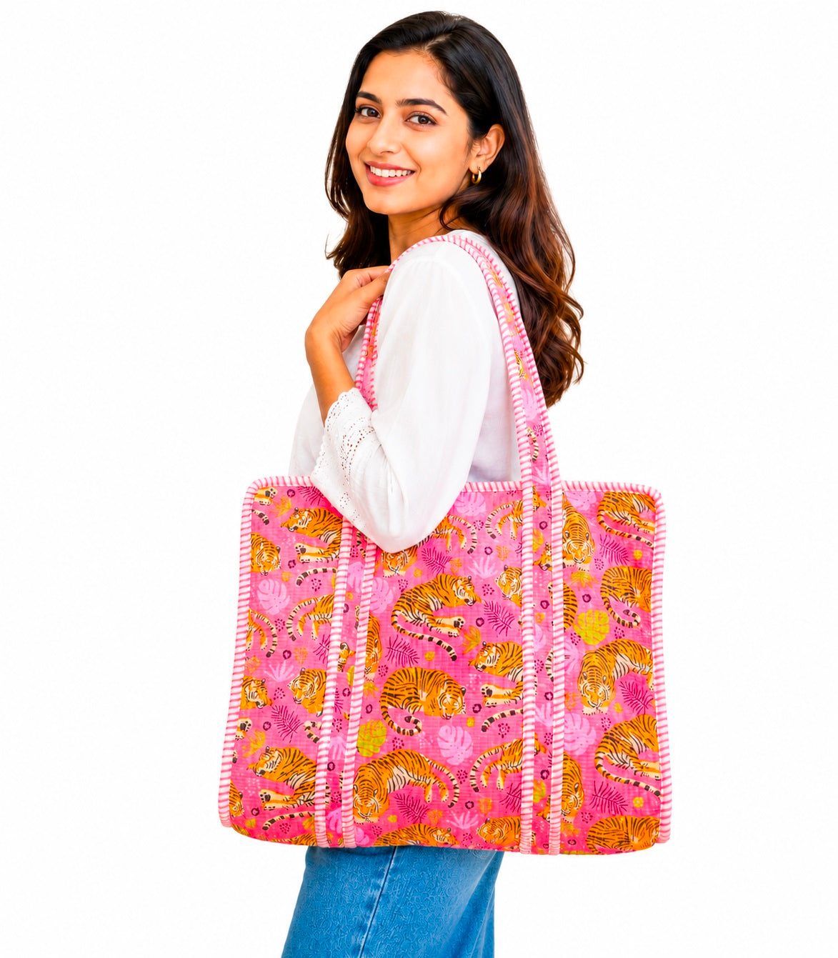 Handmade Set Of 2 Quilted Cotton Tote Bag, Floral Cotton Shoulder Bag, Reversible Market Bag, Gift for Women