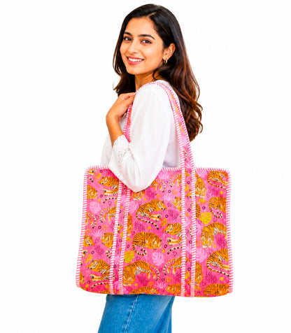 Handmade Set Of 2 Quilted Cotton Tote Bag, Floral Cotton Shoulder Bag, Reversible Market Bag, Gift for Women