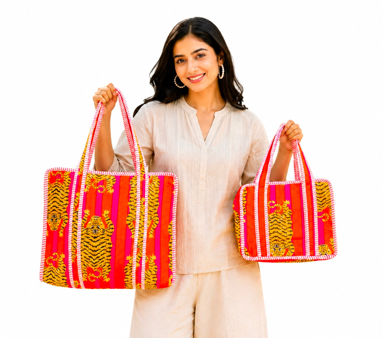 Handmade Set Of 2 Quilted Tote Bag, Handmade Cotton Shopping Bag, Floral Beach Bag, Eco Friendly Tote