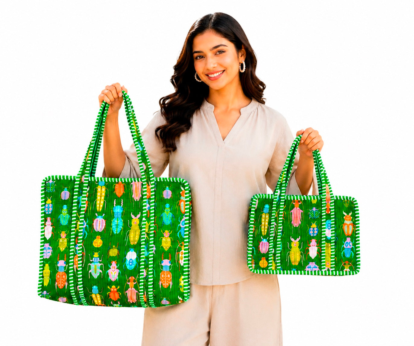 Set Of 2 Handmade Quilted Cotton Tote Bag, Block Printed Shoulder Bag, Reusable Grocery Bag, Everyday Carry Tote