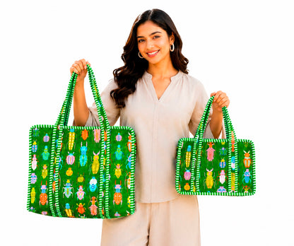 Set Of 2 Handmade Quilted Cotton Tote Bag, Block Printed Shoulder Bag, Reusable Grocery Bag, Everyday Carry Tote