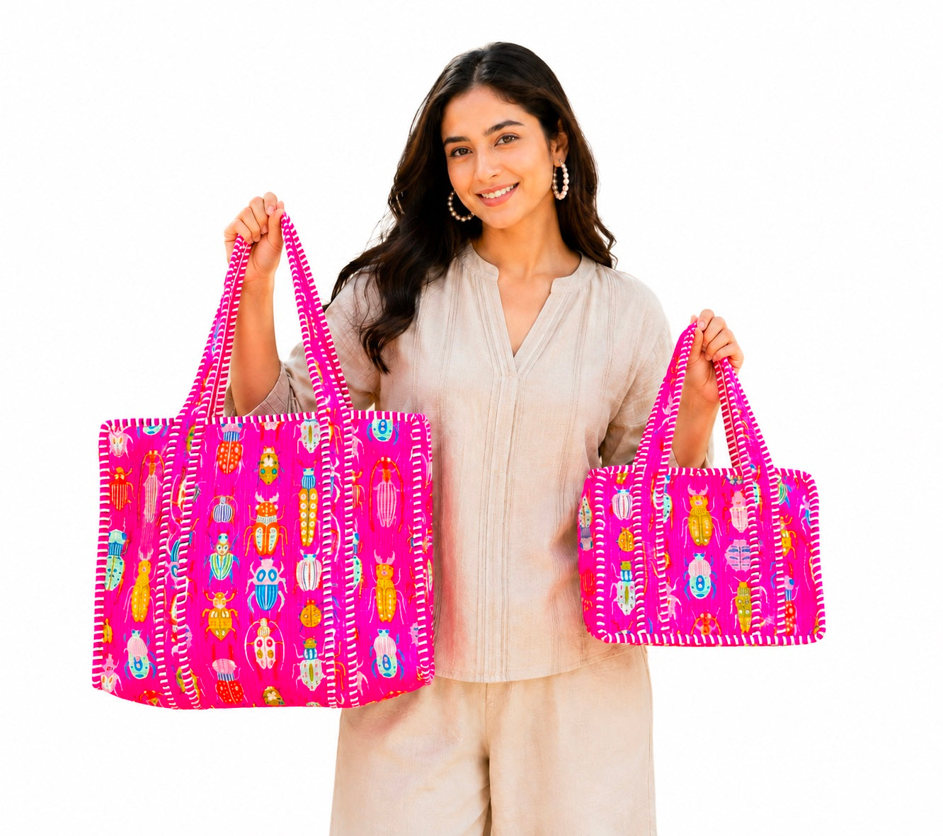 Block Print Cotton Tote Bag, Set Of 2 Handmade Quilted Handbag, Boho Market Bag, Gift for Her