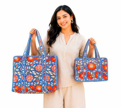 Floral Block Print Cotton Tote Bag, Set Of 2 Handmade Quilted Handbag, Boho Market Bag, Gift for Her