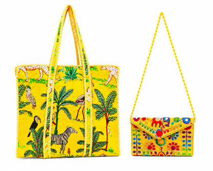 Quilted Cotton Tote Bag With Embroidered Clutch, Handmade Floral Tote Purse, Reusable Shoulder Bag, Gift for Women