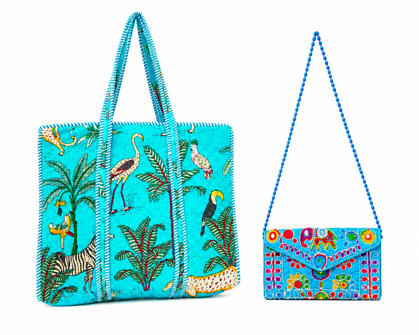 Handmade Quilted Cotton Tote Bag With Matching Embroidery Clutch, Floral Shoulder Bag, Everyday Market Tote Set Of 2 Pc