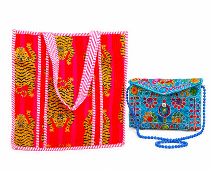 Set Of 2 Cotton Quilted Tote Bag With Matching Embroidery Pouch, Handmade Floral Handbag, Reusable Shopping Tote