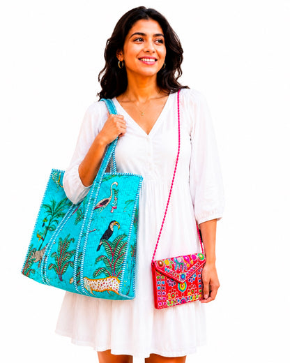 Quilted Cotton Tote & Embroidery Clutch Set, Handmade Floral Purse, Travel Bag, Eco Friendly Shopping Tote