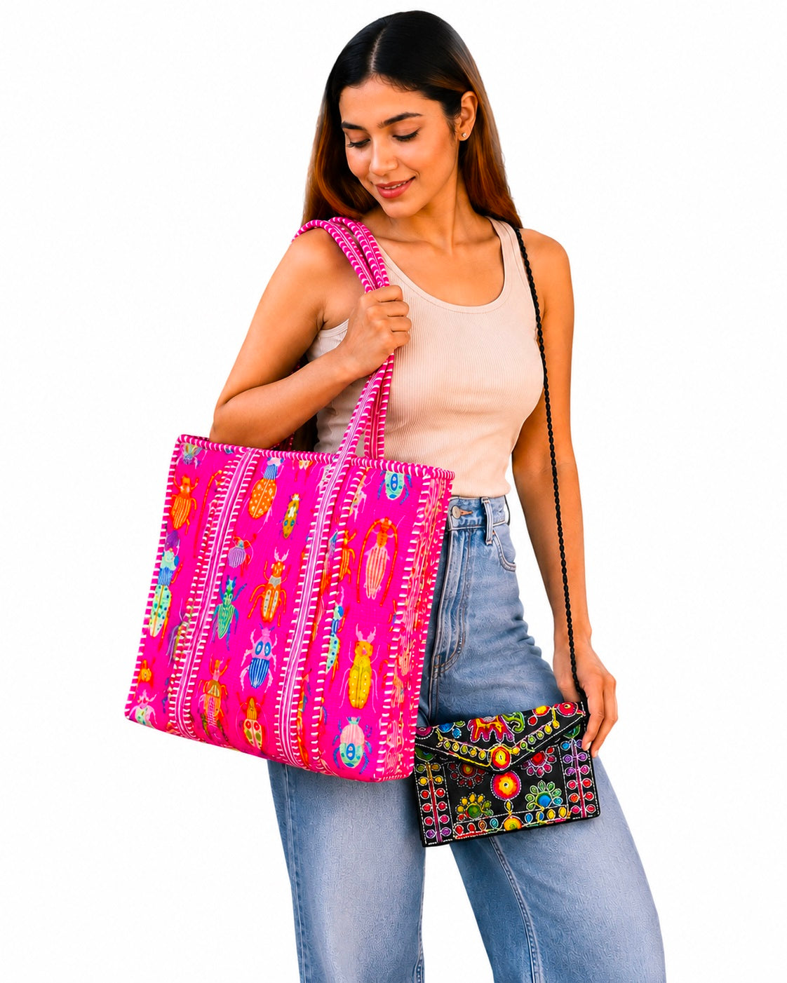 Boho Quilted Cotton Tote Bag, Embroidered Clutch Purse, Handmade Floral Carryall, Weekend Travel Bag Set Of 2 Pc