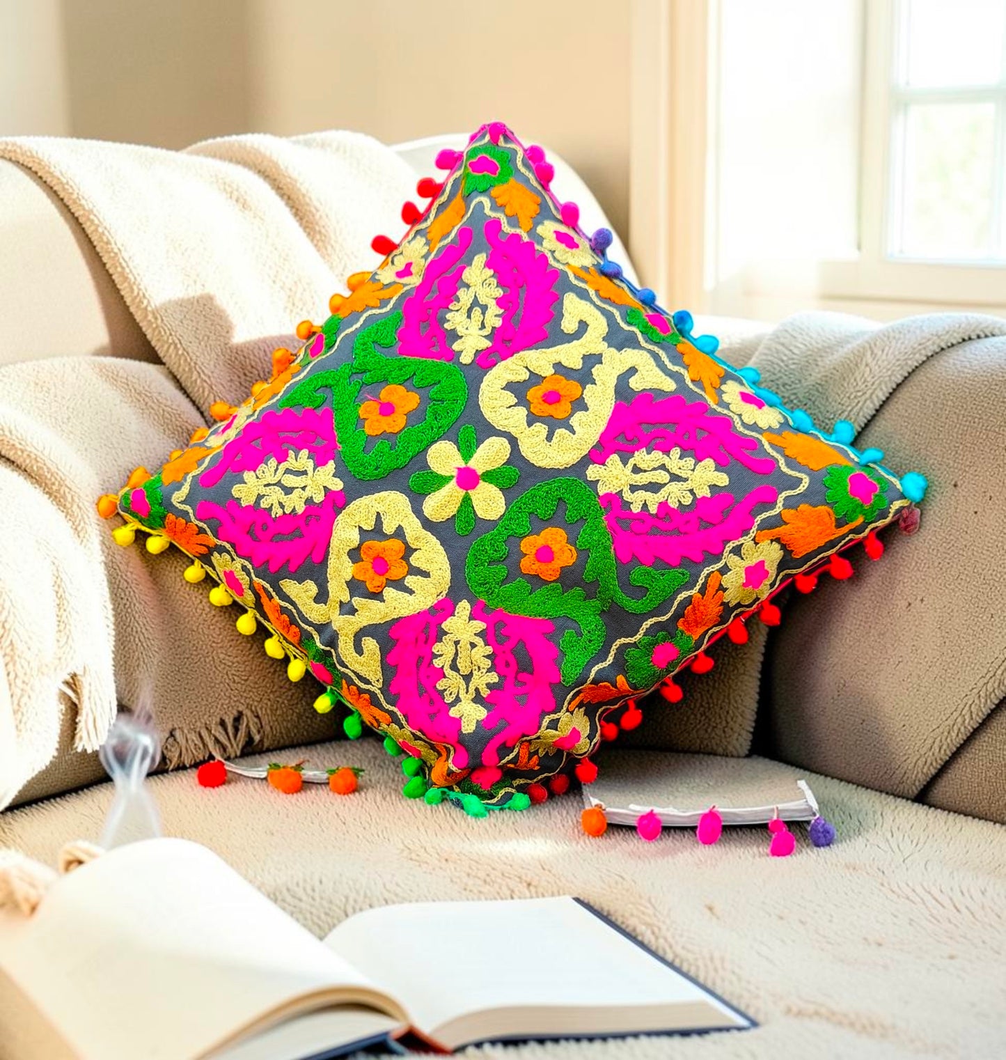 Embroidered Handmade Cotton Cushion Cover 16" X 16" Inch Pack Of 2