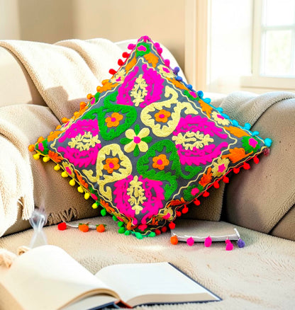 Embroidered Handmade Cotton Cushion Cover 16" X 16" Inch Pack Of 2