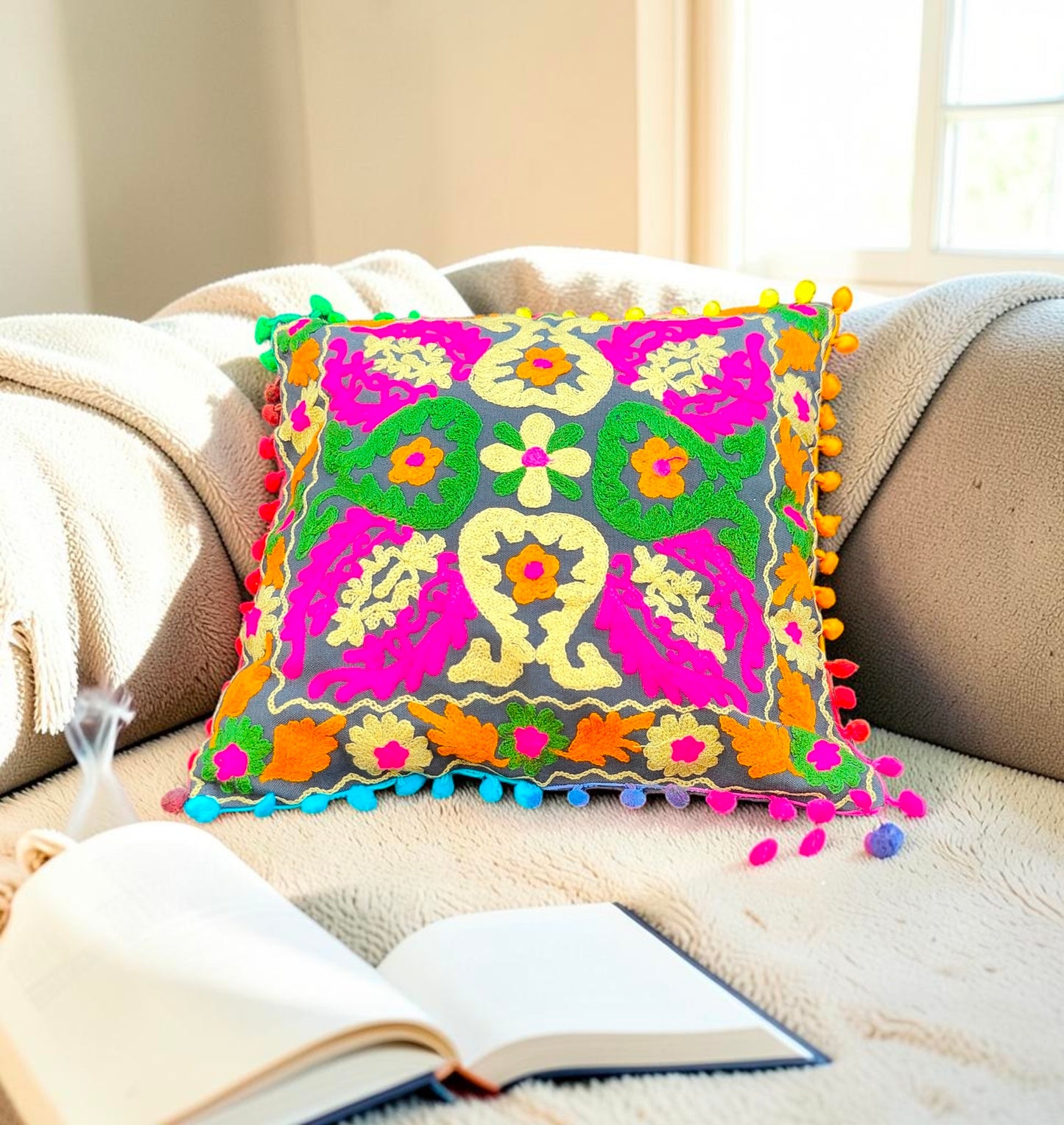 Embroidered Handmade Cotton Cushion Cover 16" X 16" Inch Pack Of 2