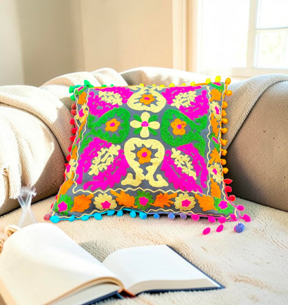 Embroidered Handmade Cotton Cushion Cover 16" X 16" Inch Pack Of 2