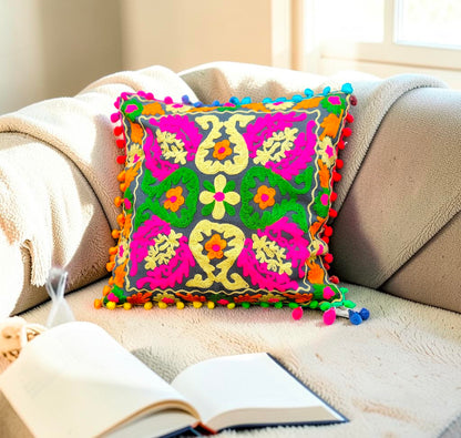 Embroidered Handmade Cotton Cushion Cover 16" X 16" Inch Pack Of 2