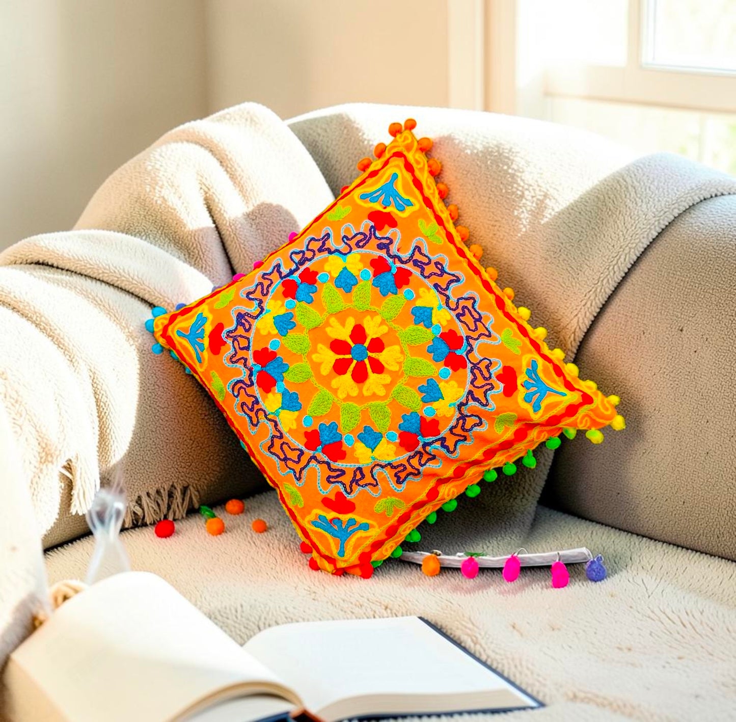Embroidered Cushion Cover Cotton Sofa Decorative Cushion Pillow Cover Cushion Case 16" X 16" Inch Pack Of 2