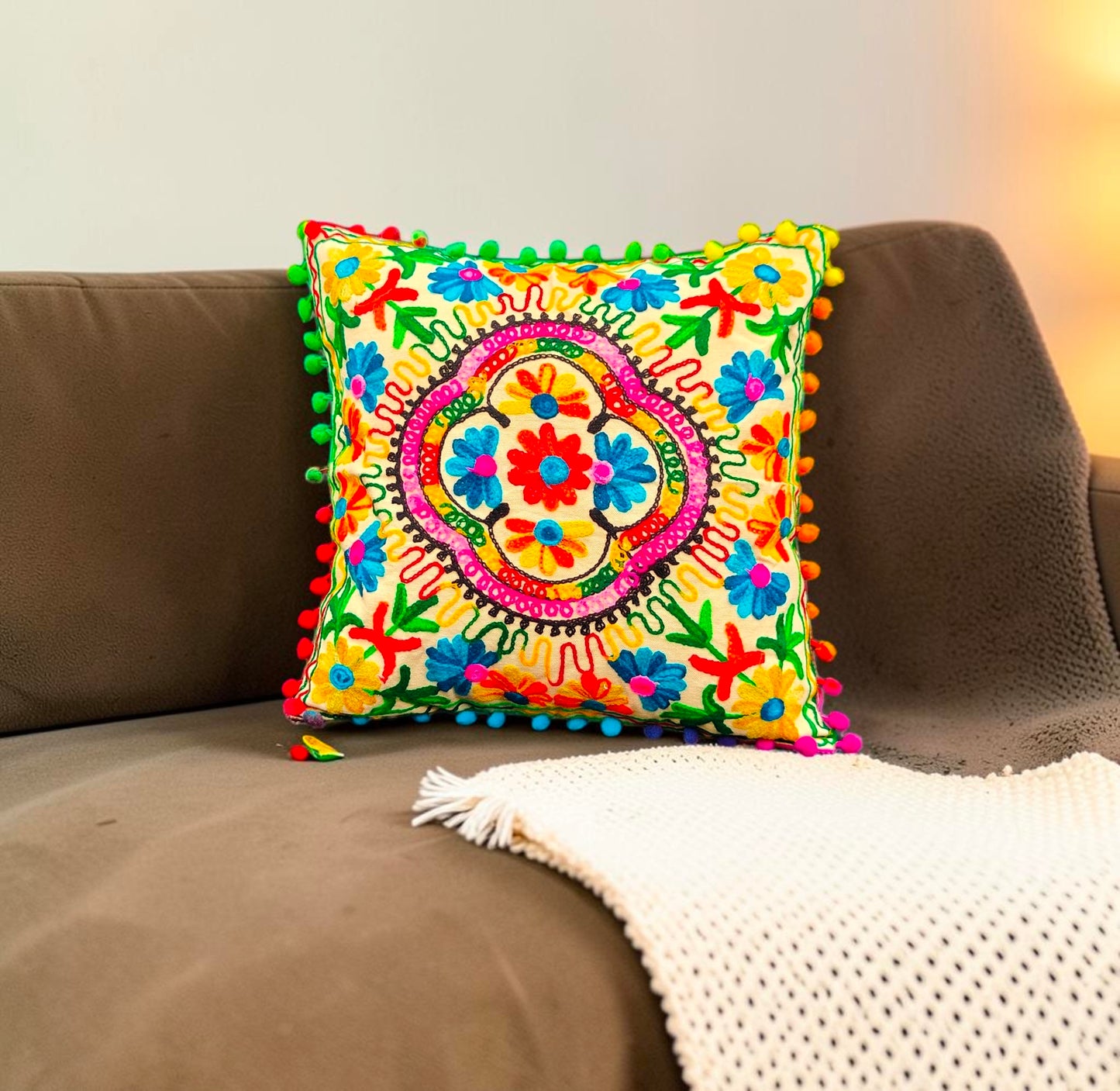 Embroidered Handmade Cotton Cushion Cover 16" X 16" Inch Pillow Cover Pack Of 2