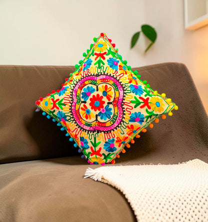 Embroidered Handmade Cotton Cushion Cover 16" X 16" Inch Pillow Cover Pack Of 2