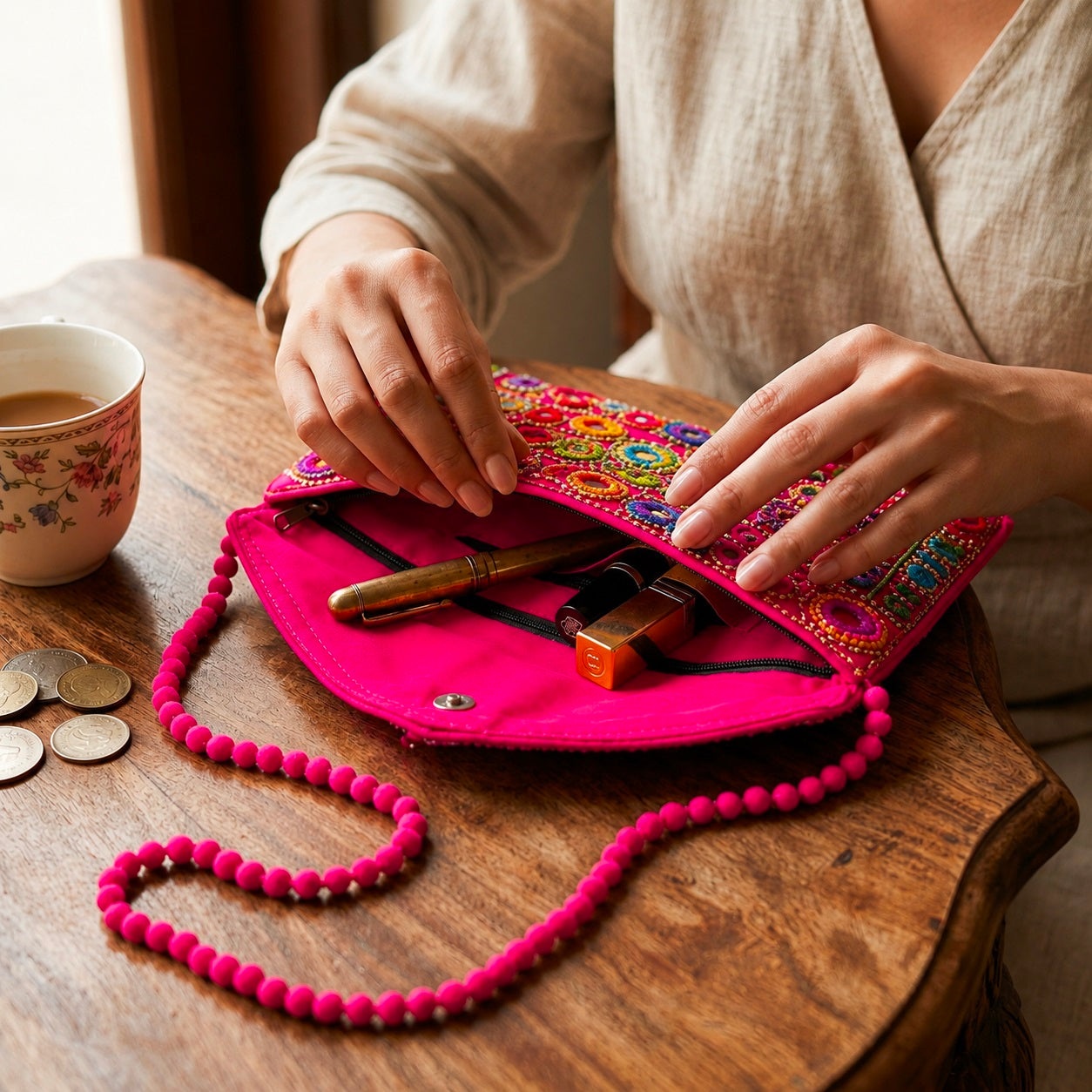 Quilted Cotton Tote & Embroidery Clutch Set, Handmade Floral Purse, Travel Bag, Eco Friendly Shopping Tote Set Of 2 Pc