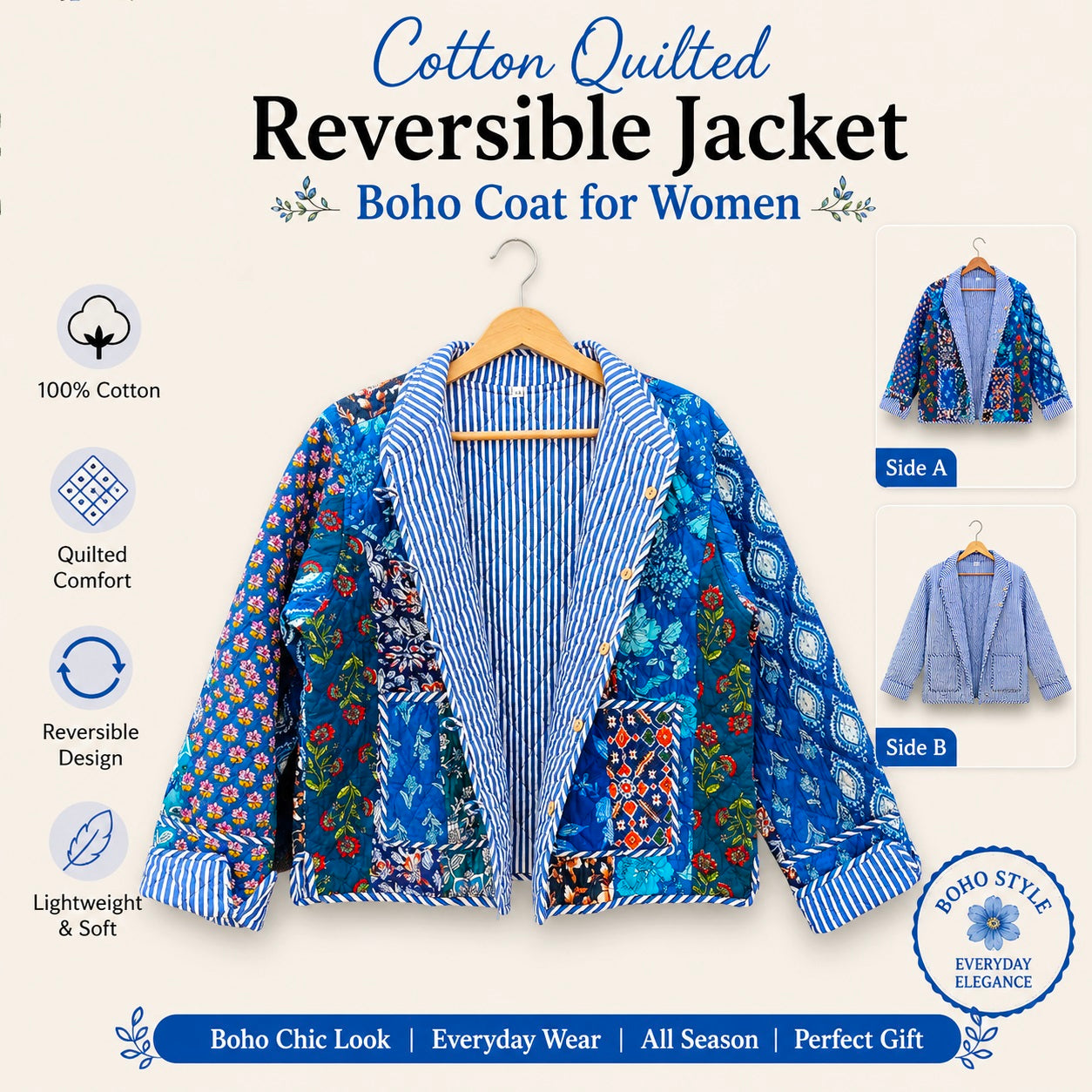 Handmade PatchworkCotton Quilted Women’s Jacket – Reversible Ethnic Winter Wear
