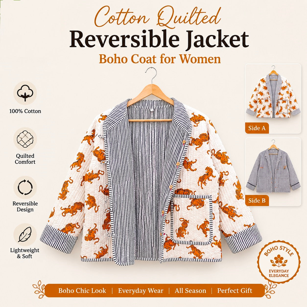 Women’s Quilted Cotton Jacket – Traditional Block Printed Reversible Design