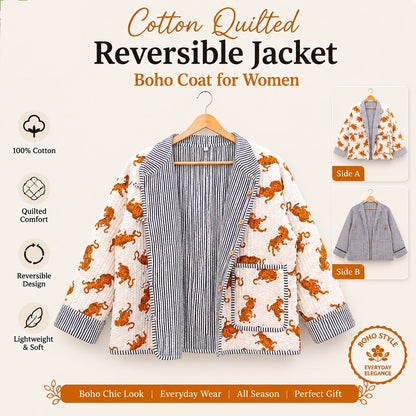 Women’s Quilted Cotton Jacket – Traditional Block Printed Reversible Design
