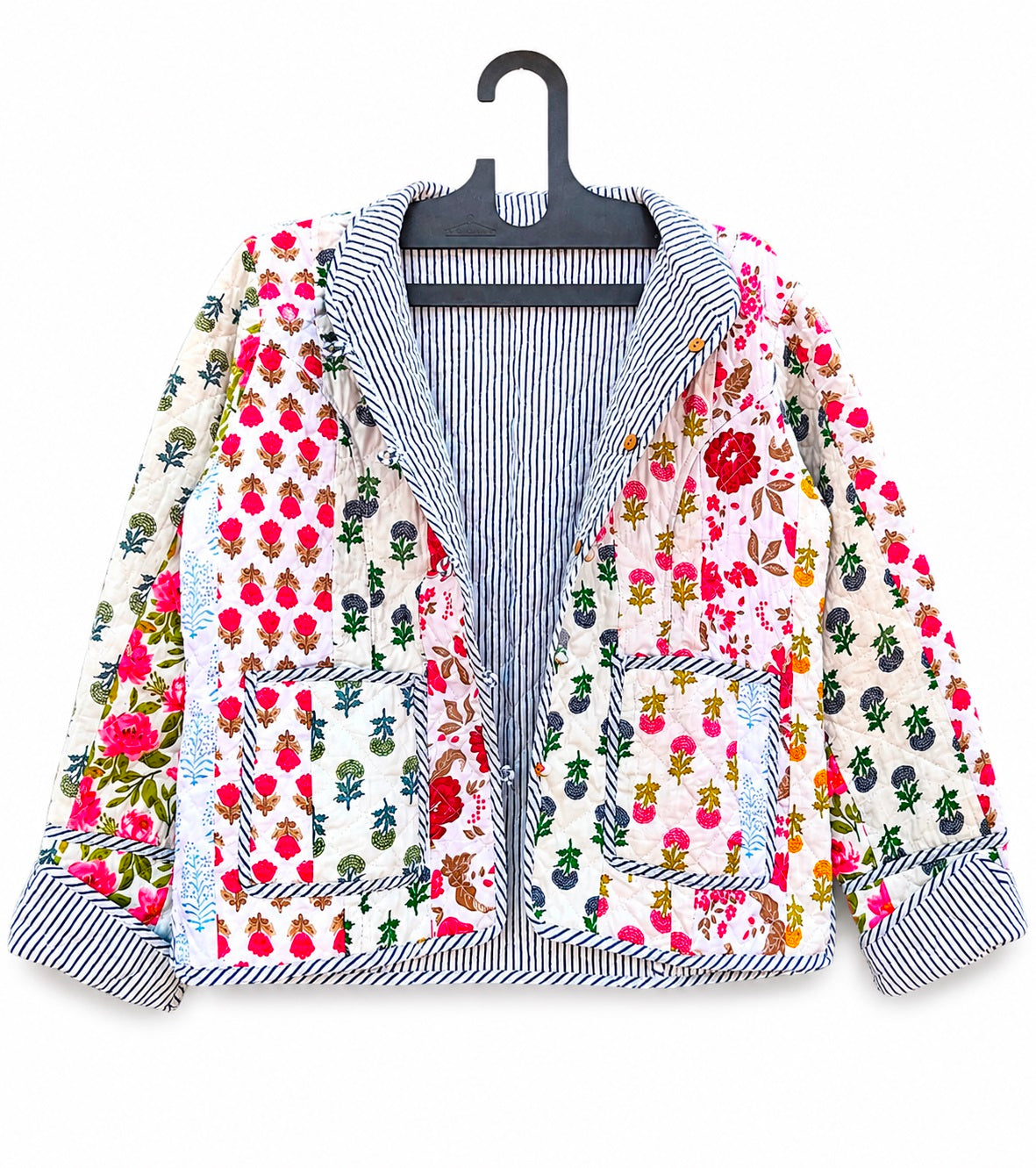 Patchwork Hand Block Printed Cotton Quilted Women’s Jacket – Reversible Ethnic Winter Wear