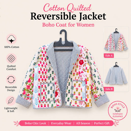 Patchwork Hand Block Printed Cotton Quilted Women’s Jacket – Reversible Ethnic Winter Wear