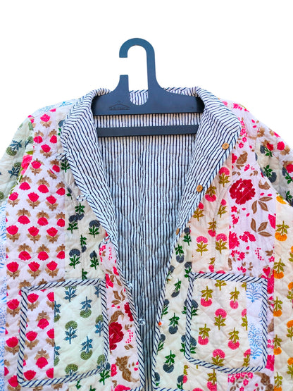 Patchwork Hand Block Printed Cotton Quilted Women’s Jacket – Reversible Ethnic Winter Wear