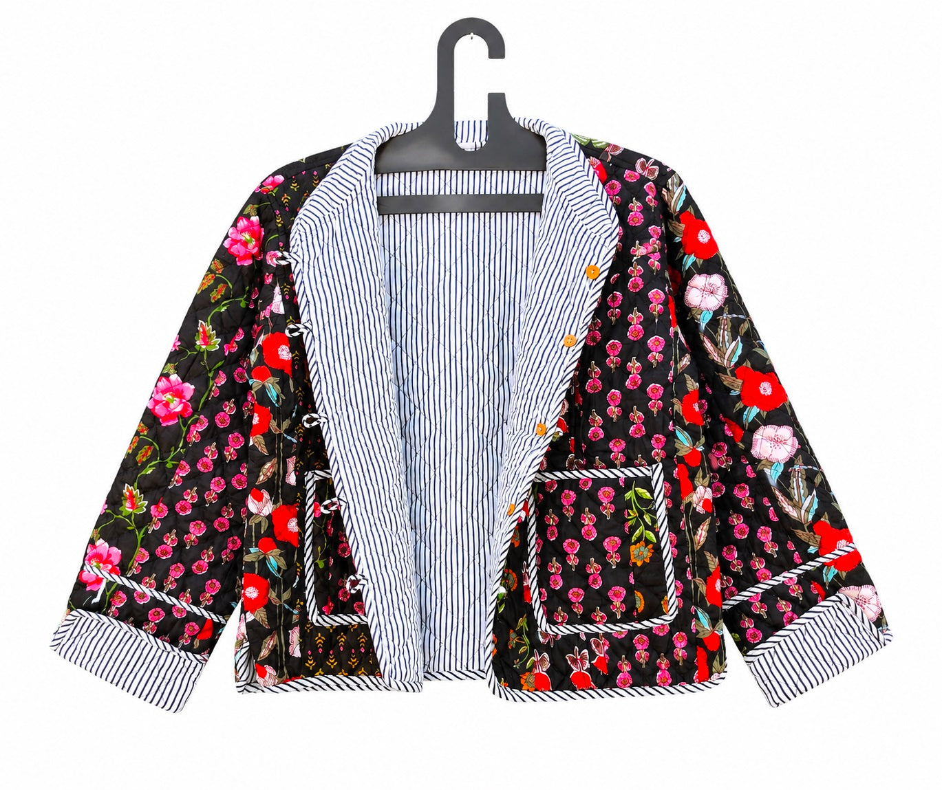 Patchwork Floral Hand Block Print Quilted Jacket – Pure Cotton Winter Wear