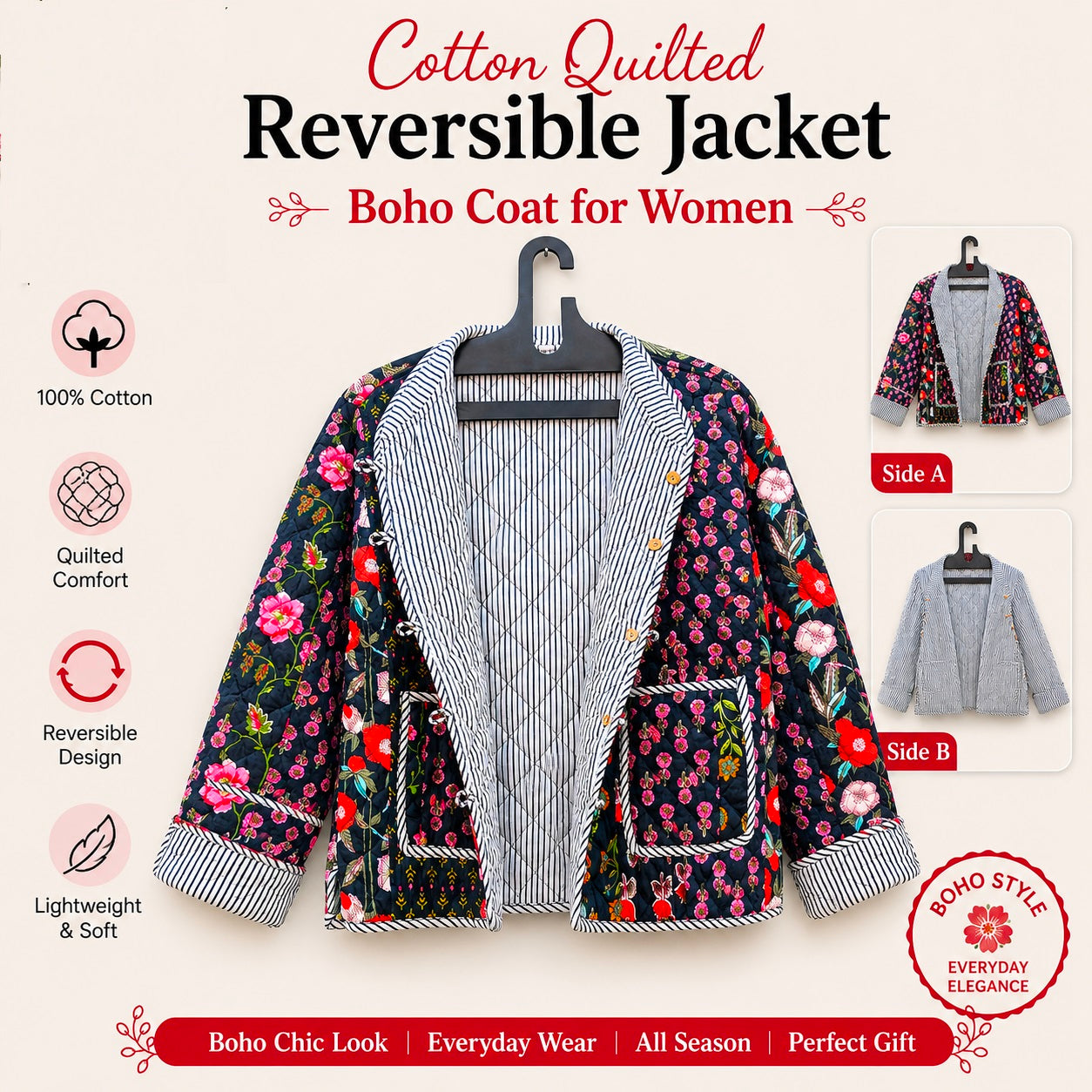 Patchwork Floral Hand Block Print Quilted Jacket – Pure Cotton Winter Wear