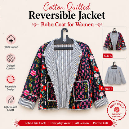 Patchwork Floral Hand Block Print Quilted Jacket – Pure Cotton Winter Wear