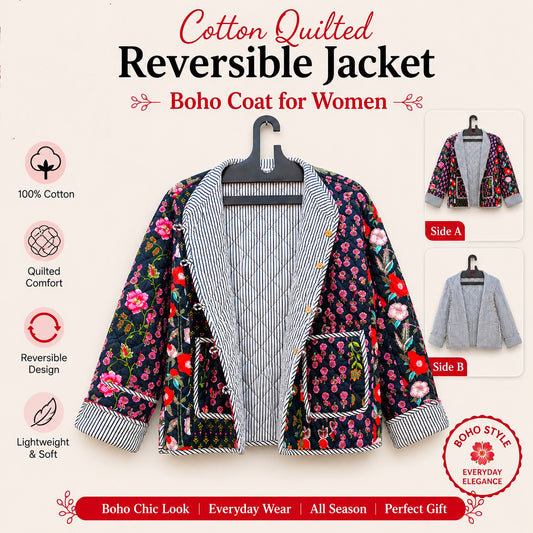 Patchwork Floral Hand Block Print Quilted Jacket – Pure Cotton Winter Wear