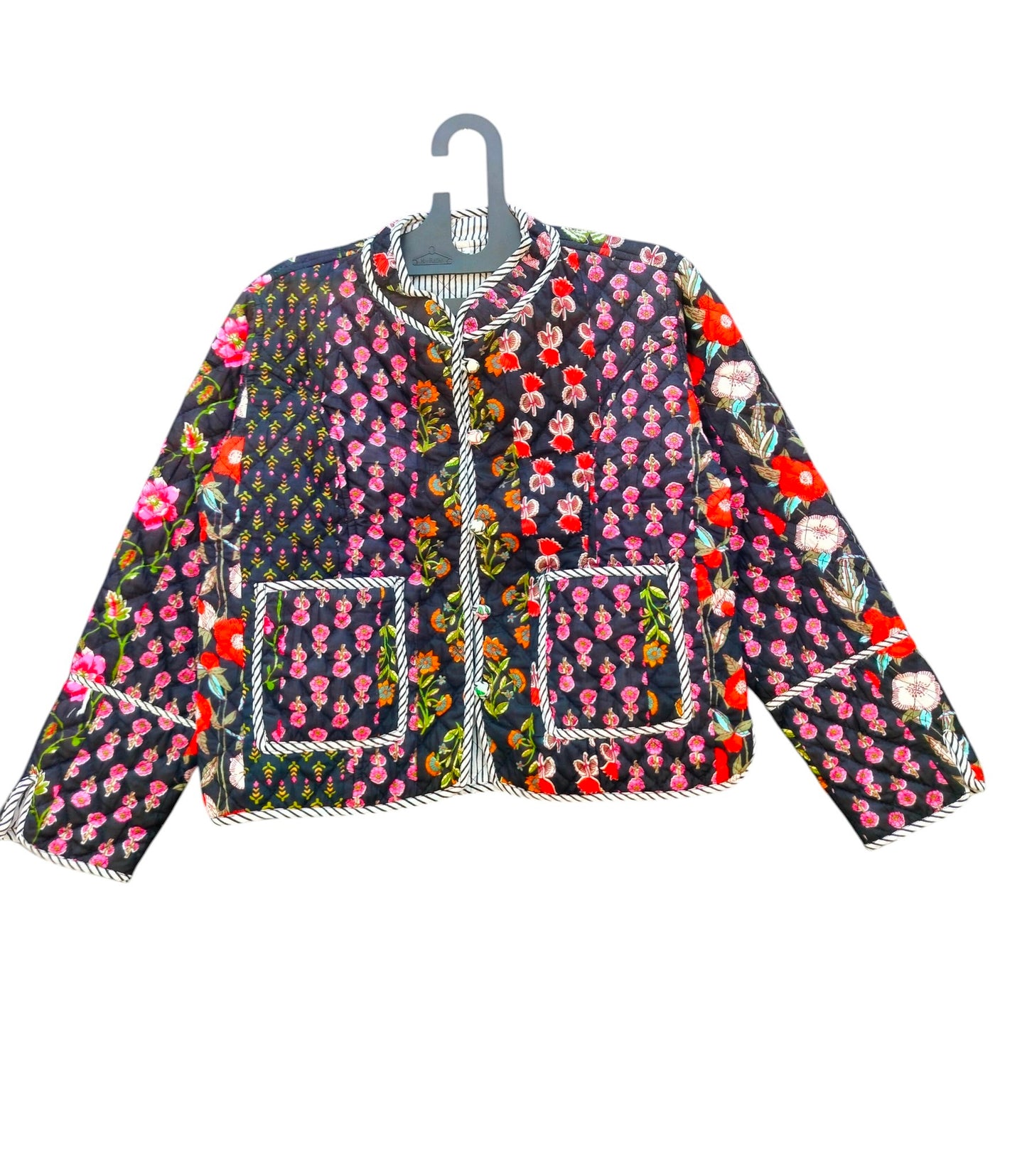 Patchwork Floral Hand Block Print Quilted Jacket – Pure Cotton Winter Wear