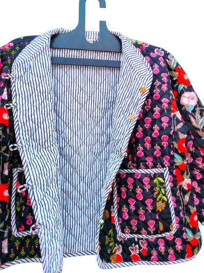 Patchwork Floral Hand Block Print Quilted Jacket – Pure Cotton Winter Wear