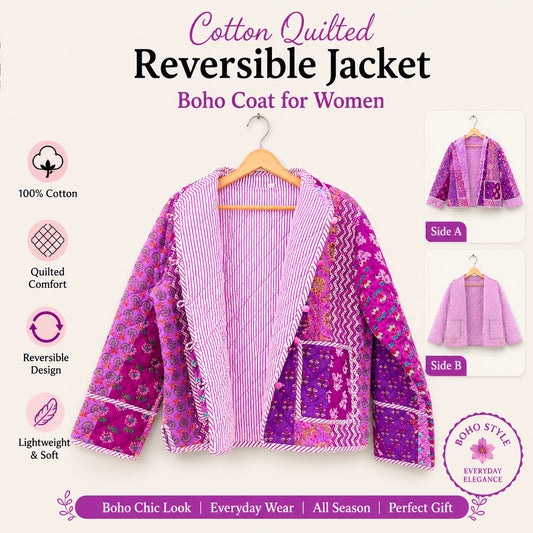 Patchwork Elegant Floral Hand Block Print Quilted Jacket – Pure Cotton Winter Wear
