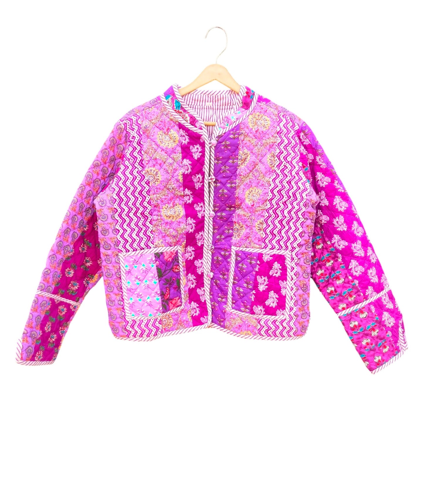 Patchwork Elegant Floral Hand Block Print Quilted Jacket – Pure Cotton Winter Wear