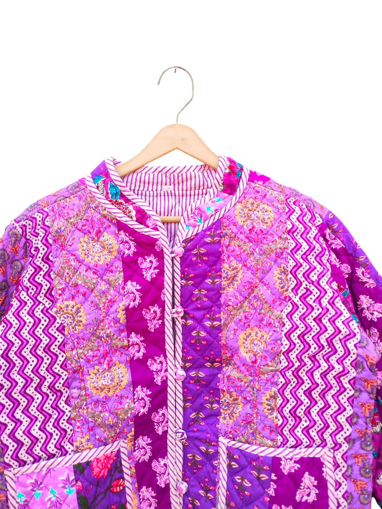 Patchwork Elegant Floral Hand Block Print Quilted Jacket – Pure Cotton Winter Wear