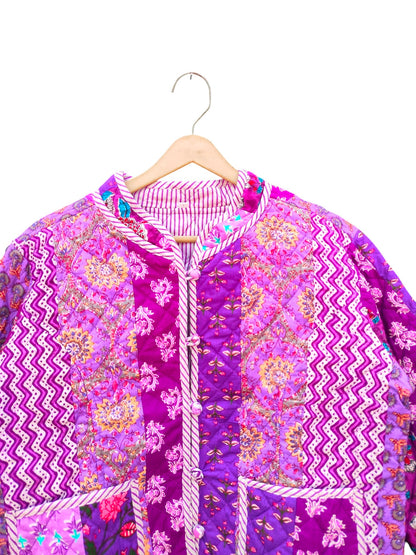 Patchwork Elegant Floral Hand Block Print Quilted Jacket – Pure Cotton Winter Wear