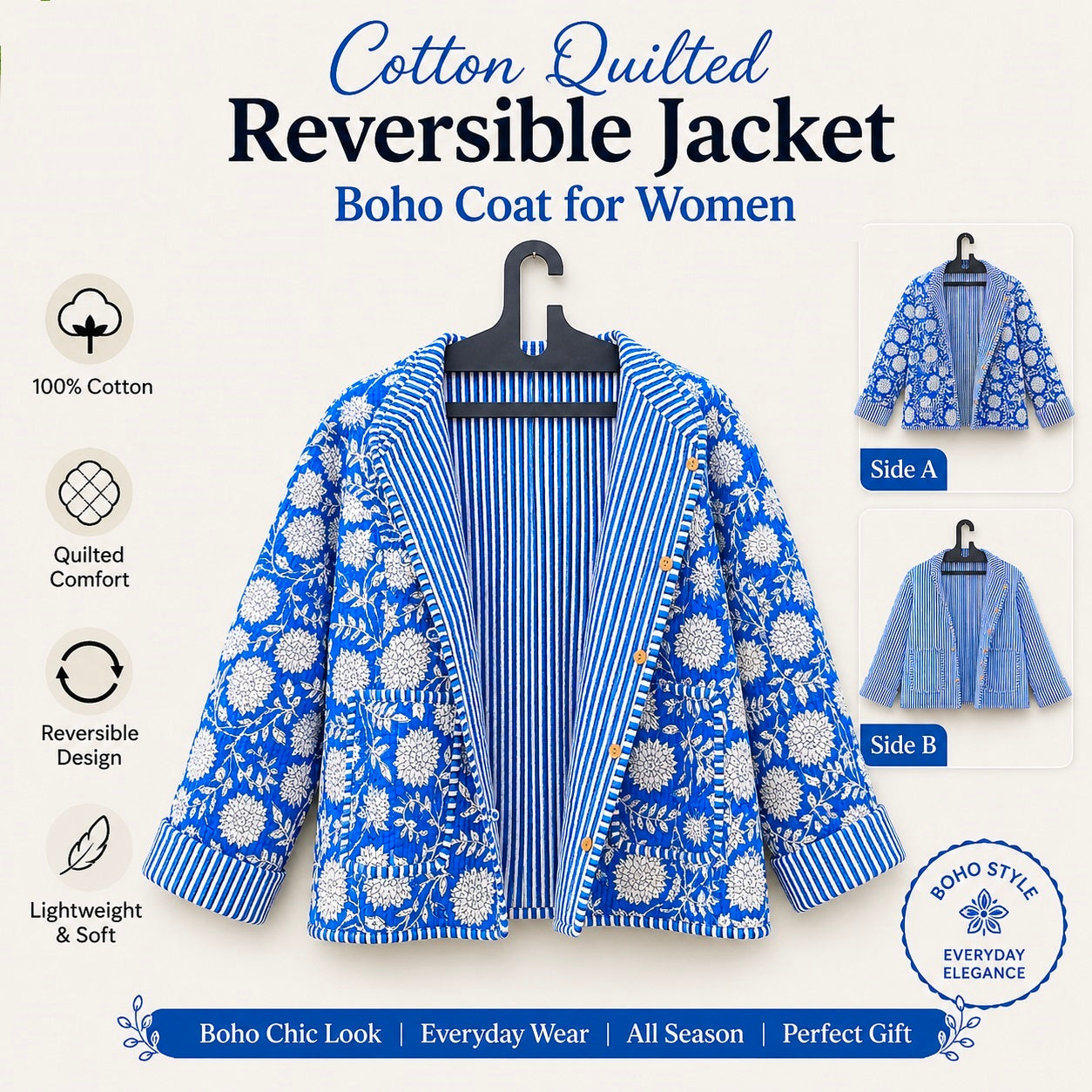 Indian Cotton Quilted Jacket for Women – Hand Block Printed & Reversible
