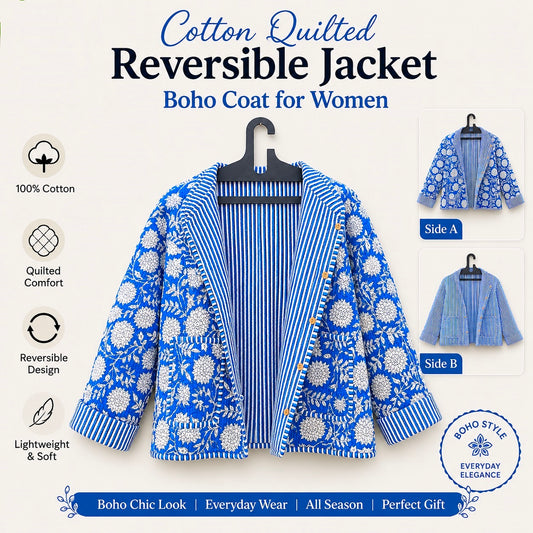 Indian Cotton Quilted Jacket for Women – Hand Block Printed & Reversible