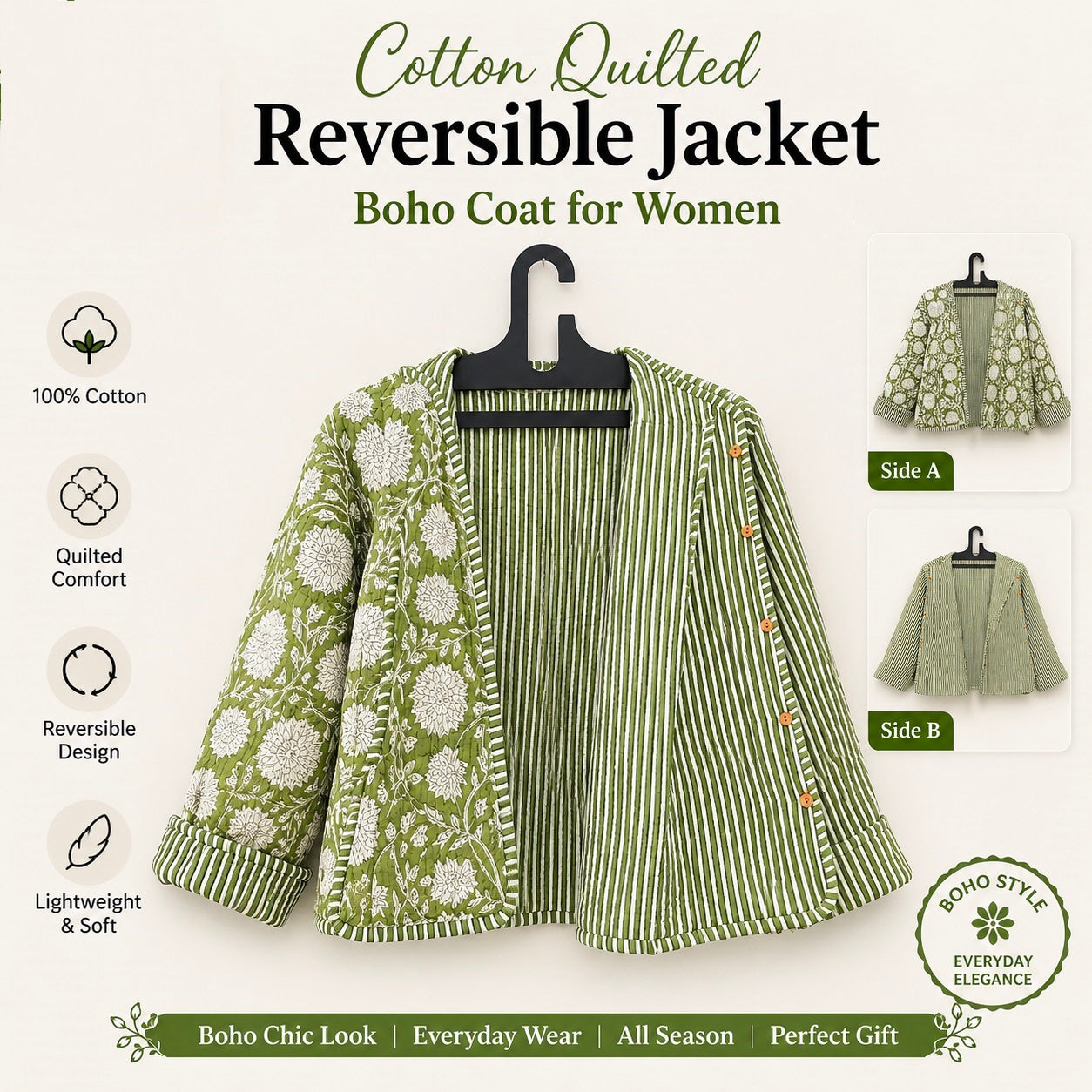 Hand Block Printed Cotton Quilted Women’s Jacket – Reversible Ethnic Winter Wear