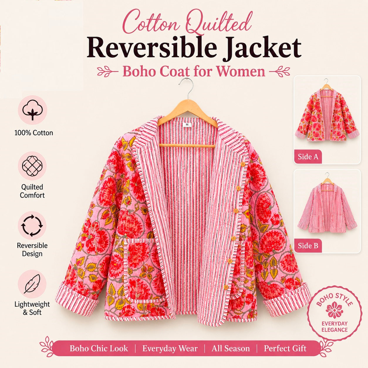 Women’s Handmade Cotton Quilted Jacket – Block Print Artwear