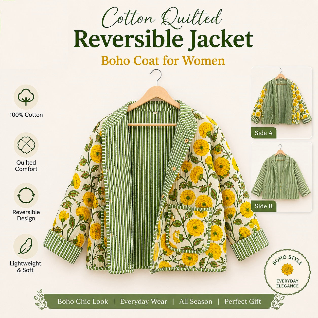 Ethnic Block Print Cotton Quilted Jacket – Warm Reversible Winter Coat